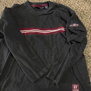 Aeropostale Charcoal Long Sleeve Tee with Burgundy & White Stripe VINTAGE